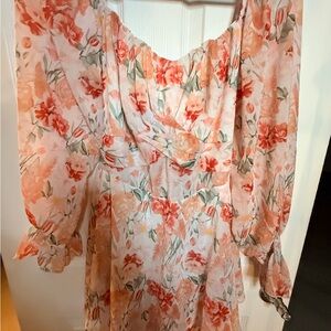 Pink Peach Floral Chiffon Dress with Puff Sleeves